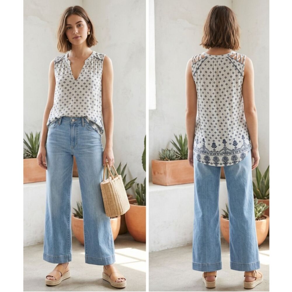 Lucky Brand Blouse Women's Size M Cream Blue Sleeveless Casual Artsy Aztec